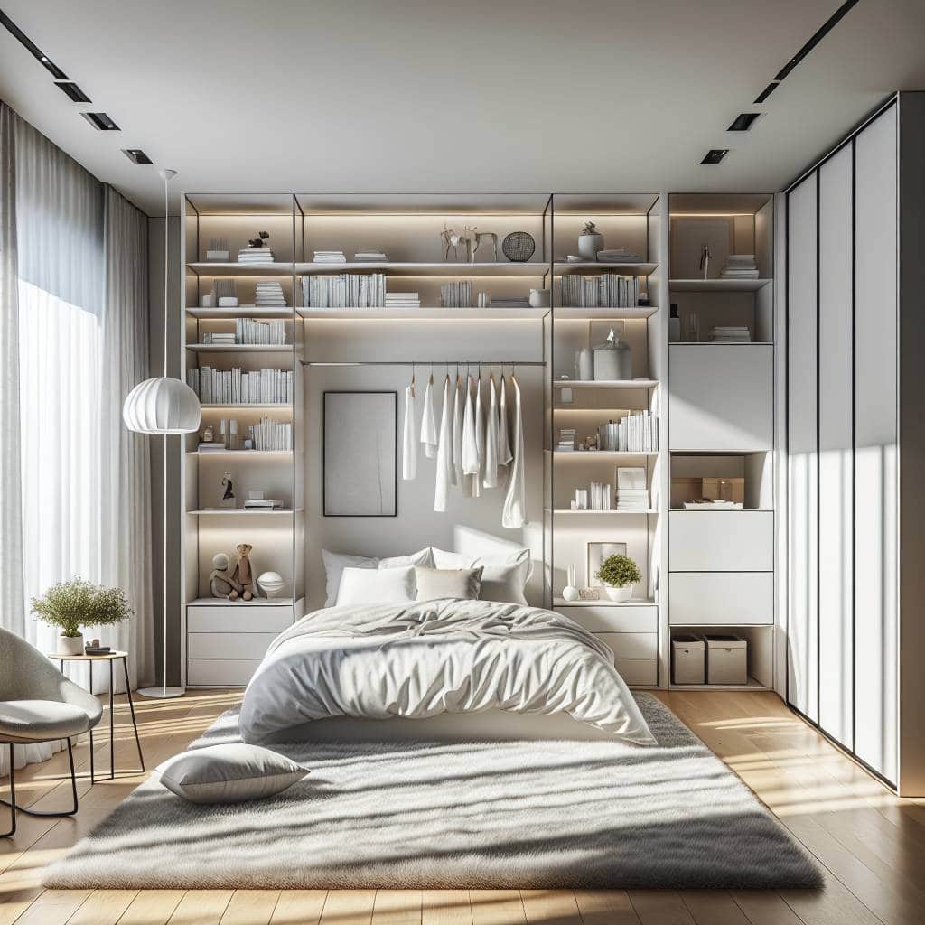 Bedroom organization hacks in modern aesthetic.