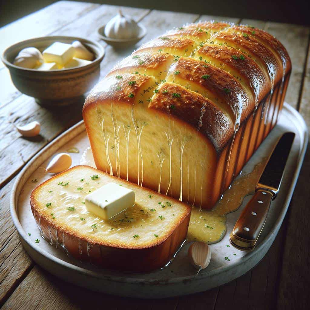 Best garlic bread recipe, golden brown loaf.