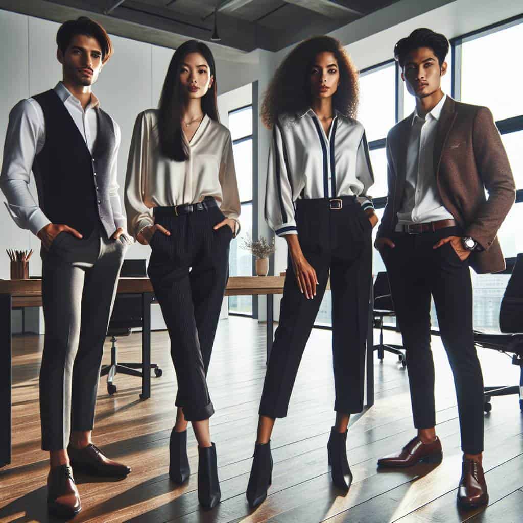 Business casual outfits for women and men.