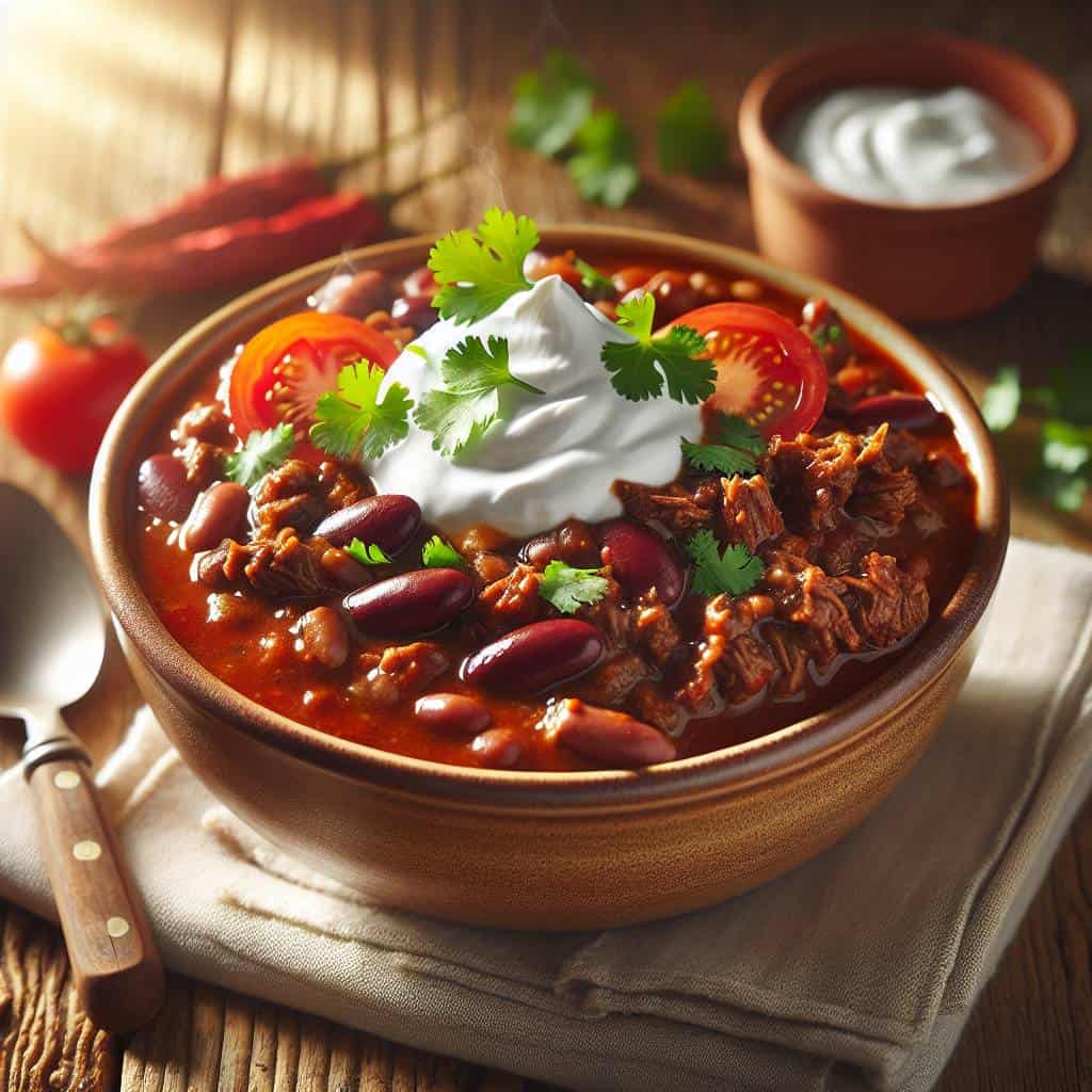 Classic beef chili recipe with garnishes