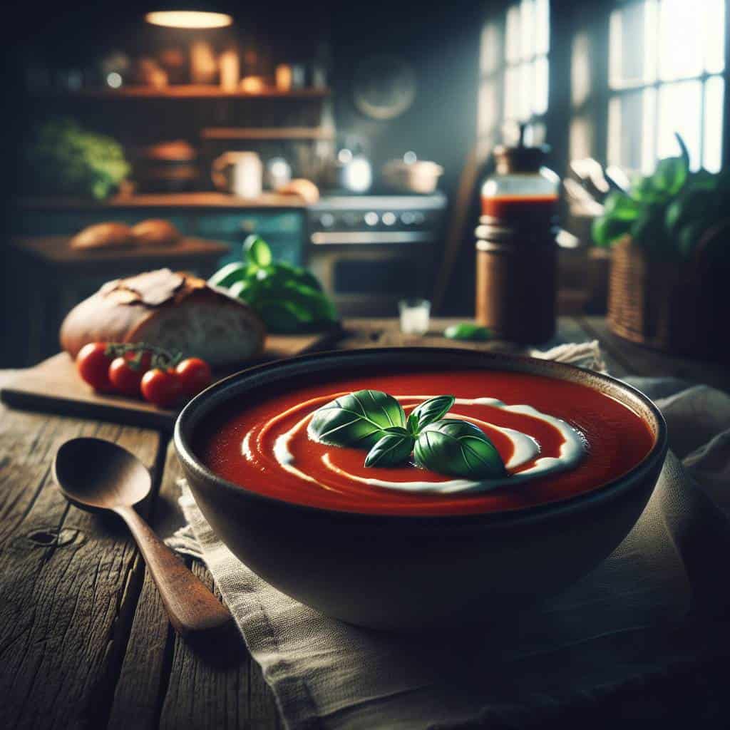 Creamy tomato soup recipe with basil garnish.