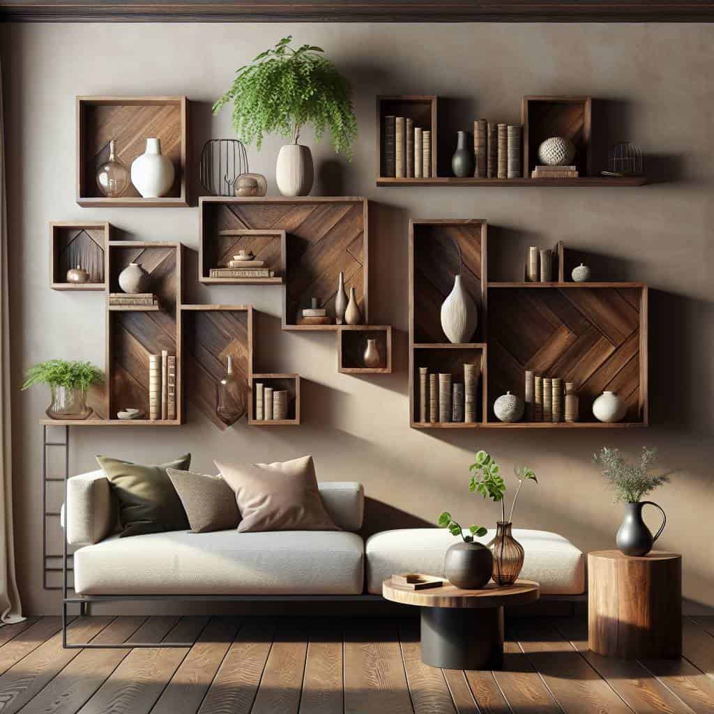 DIY floating shelves with decor items.