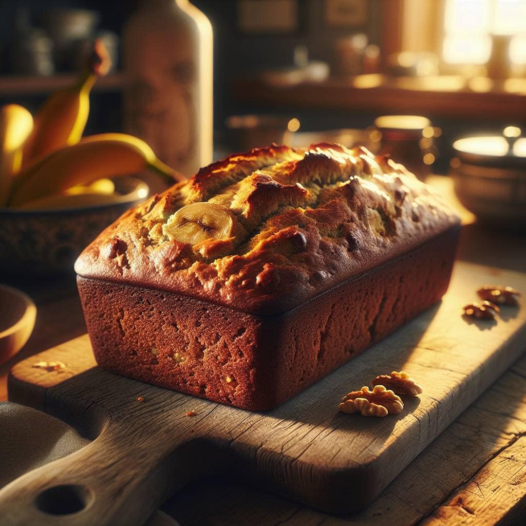Easy banana bread recipe, freshly baked loaf.