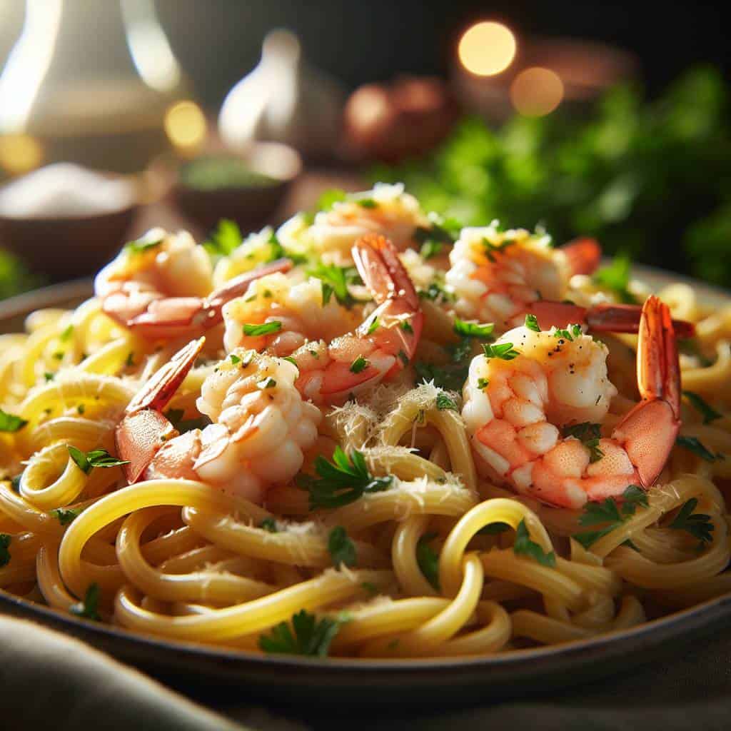 Easy shrimp scampi pasta on plate.