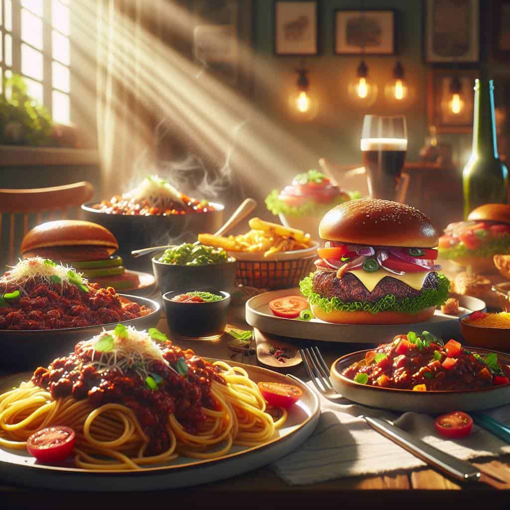 Ground beef recipes for dinner table setting.