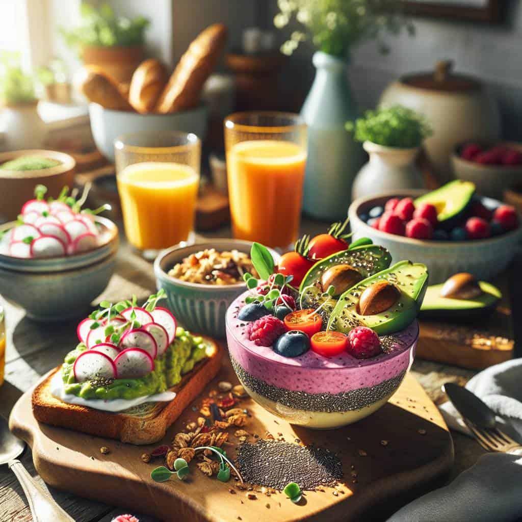 Healthy breakfast ideas: smoothie, toast, yogurt.