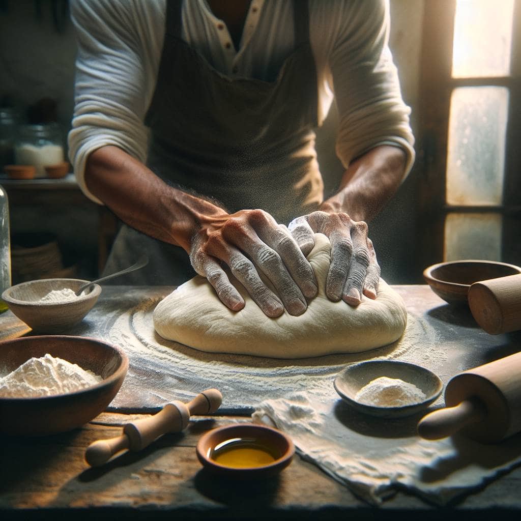 Homemade pizza dough recipe being kneaded.
