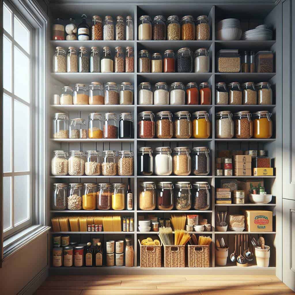 Kitchen pantry staples checklist on shelves.