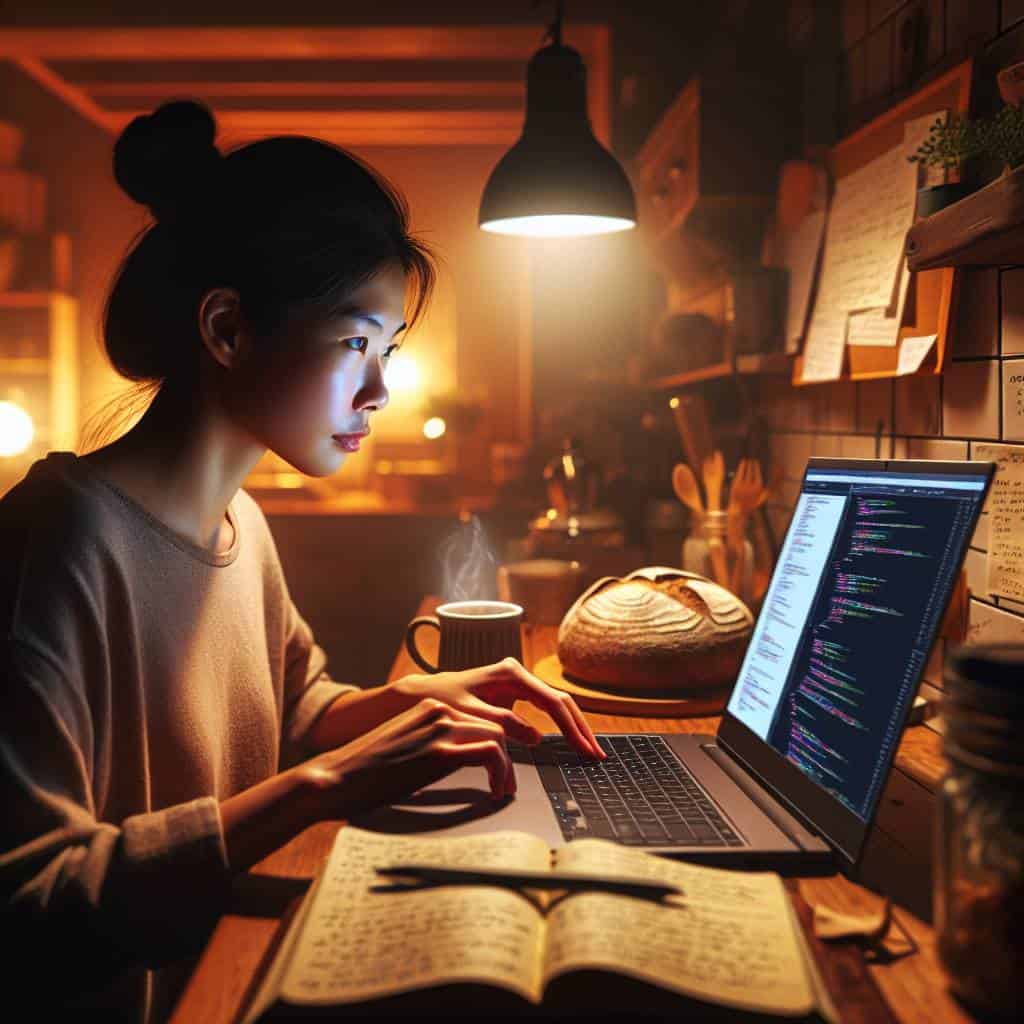 Learning new skills online at night.