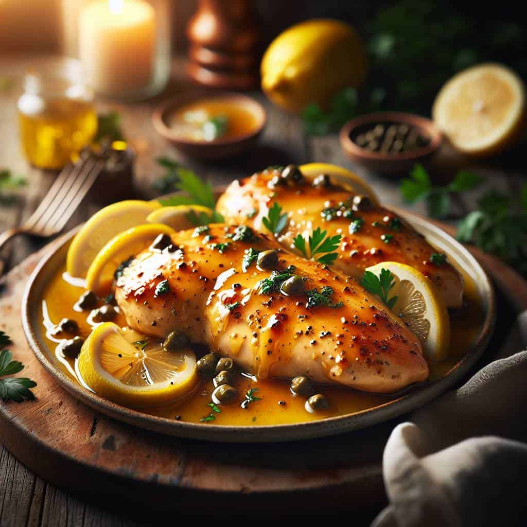 Lemon chicken piccata with lemon slices.