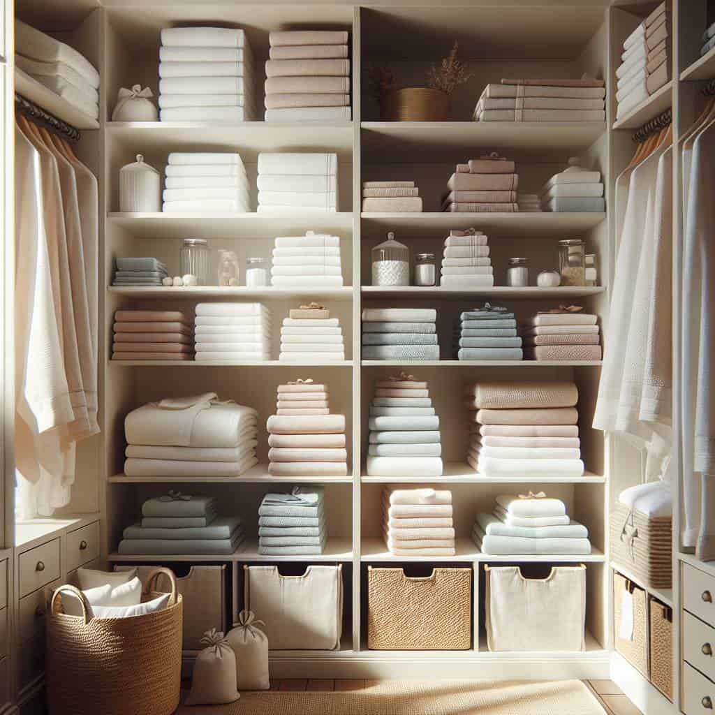 Linen closet organization with folded towels.