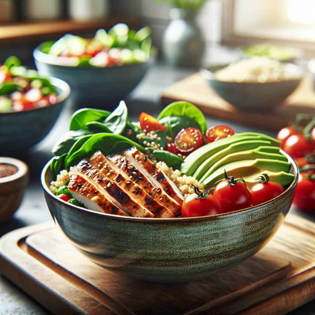 Meal prep lunch bowls with grilled chicken.