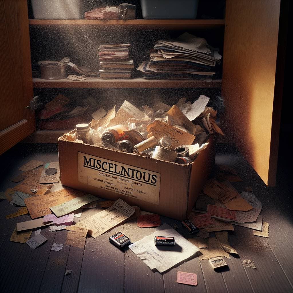 Miscellaneous box in dimly lit closet.