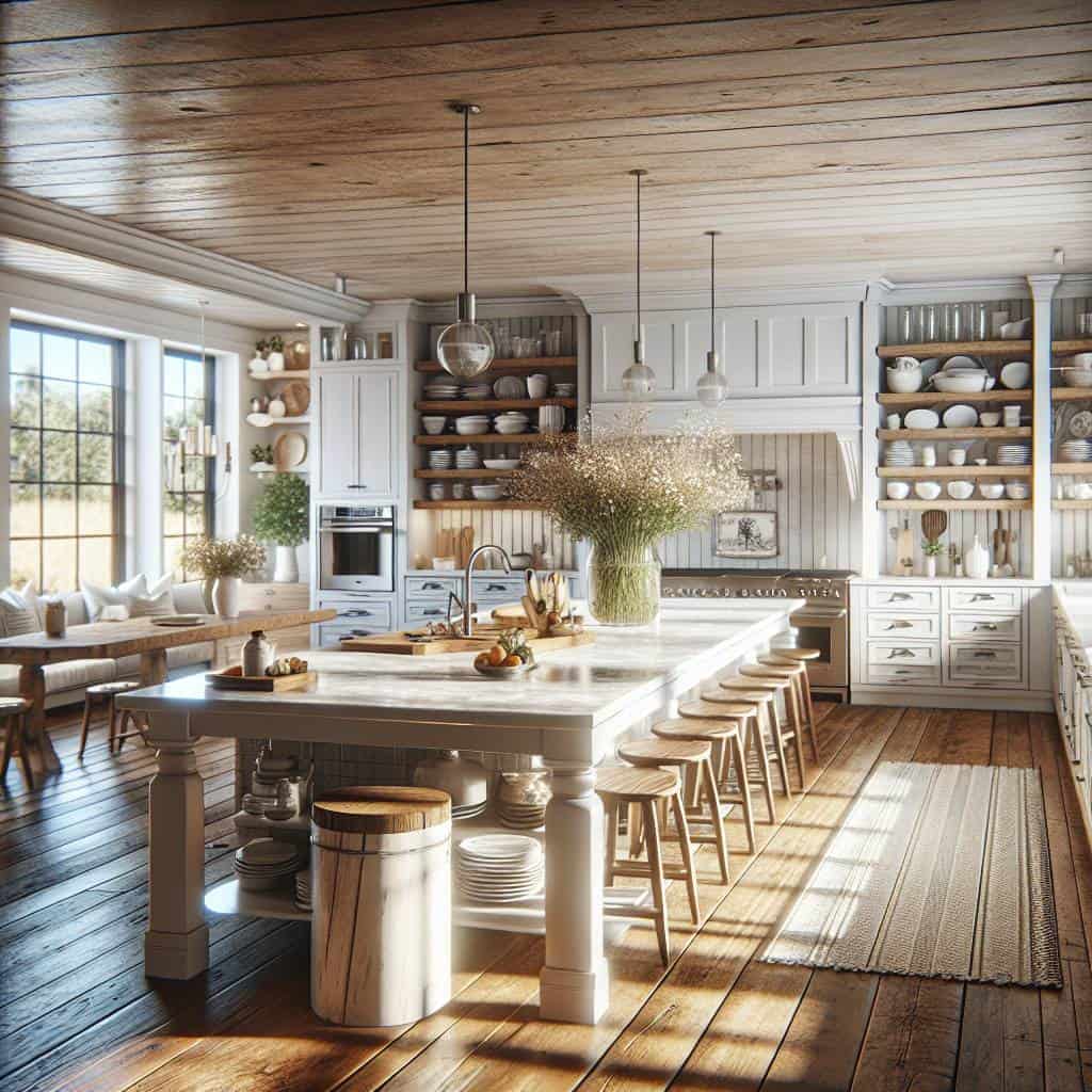 Modern farmhouse kitchen ideas with wooden island.
