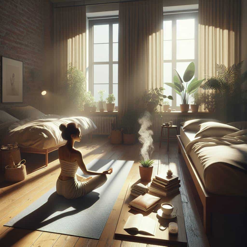 Morning routine for success: meditating in bedroom.