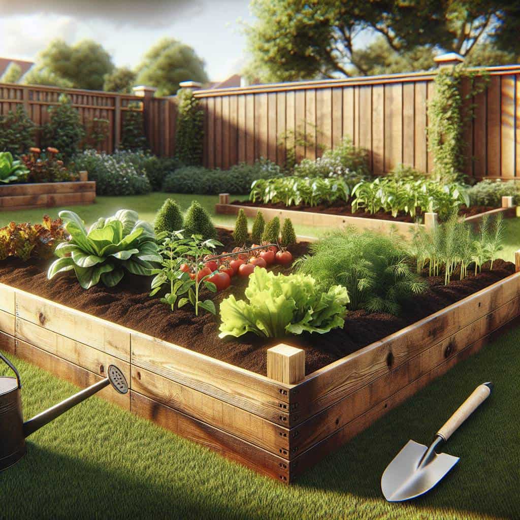 Raised garden bed DIY plans backyard scene.