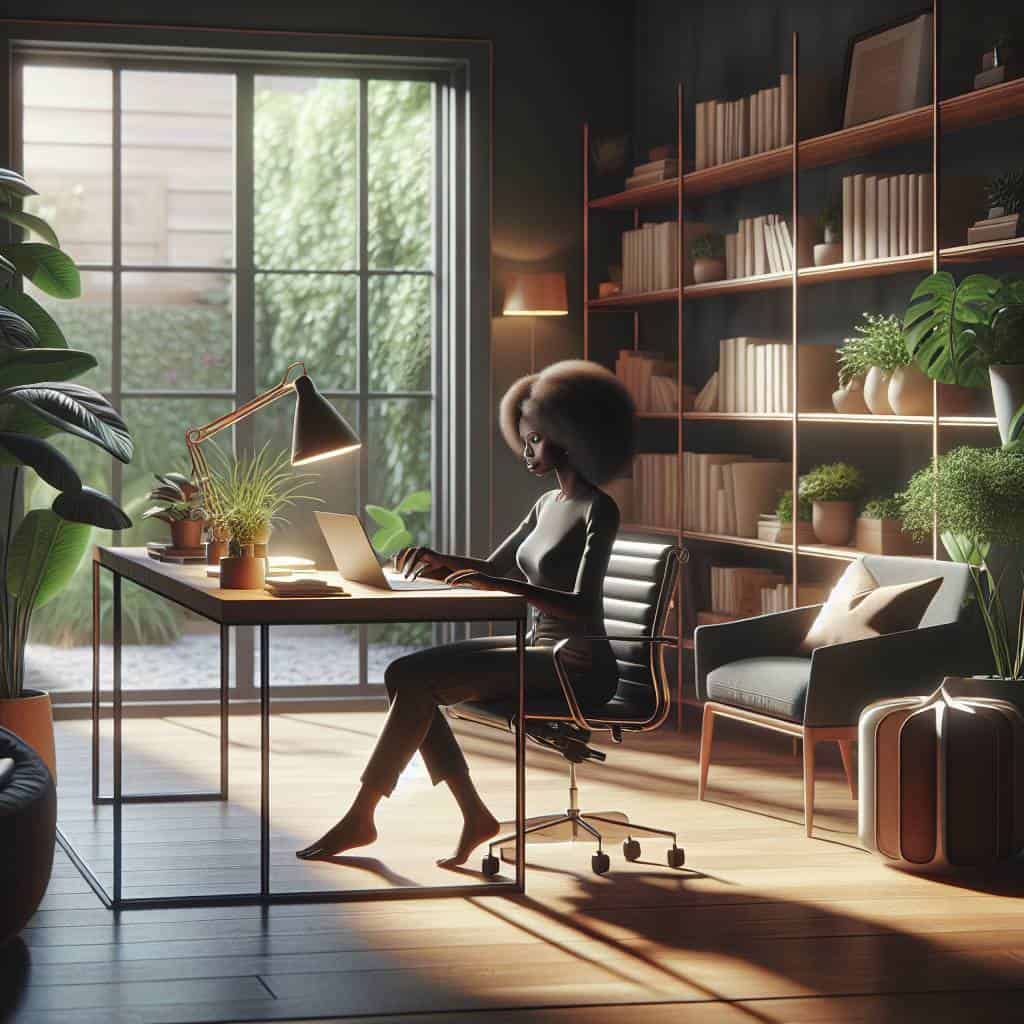 Remote work tips in cozy home office.