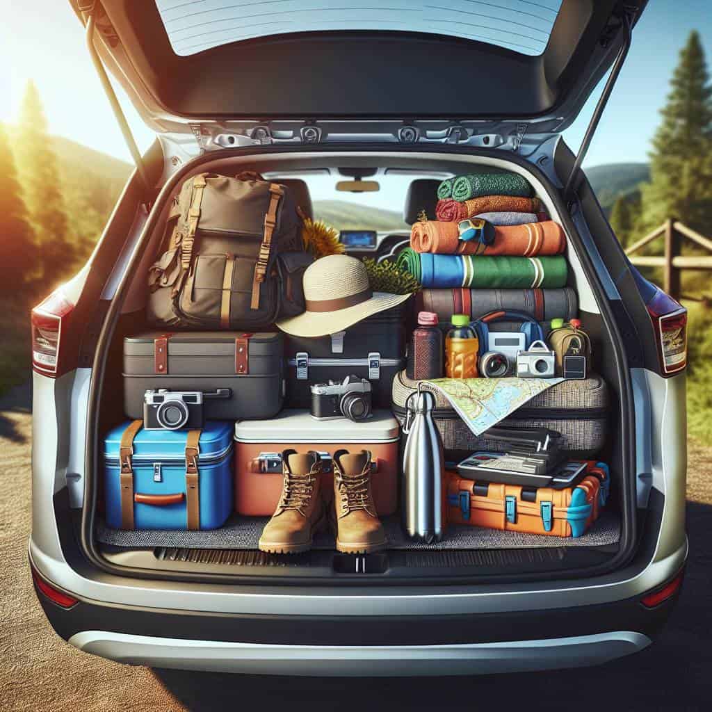 Road trip essentials checklist in trunk.