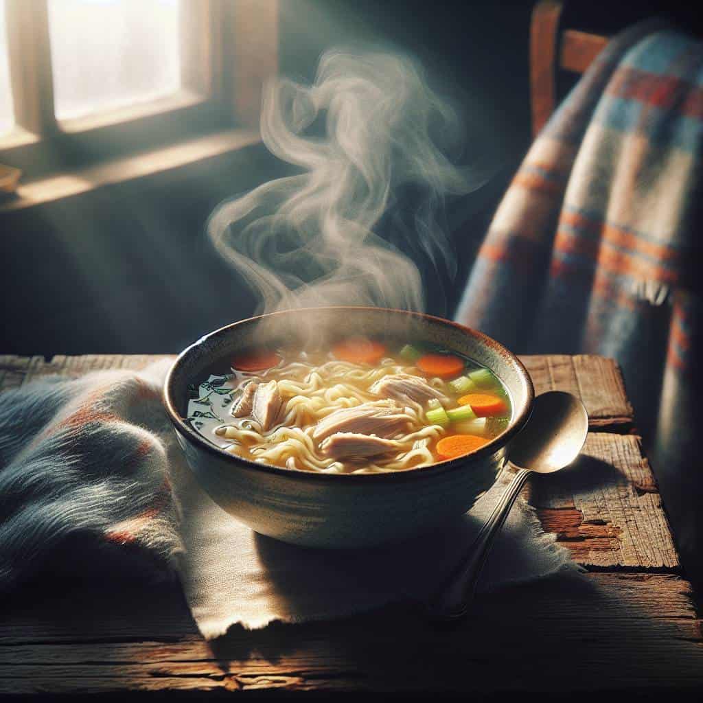 Simple chicken noodle soup on wooden table.