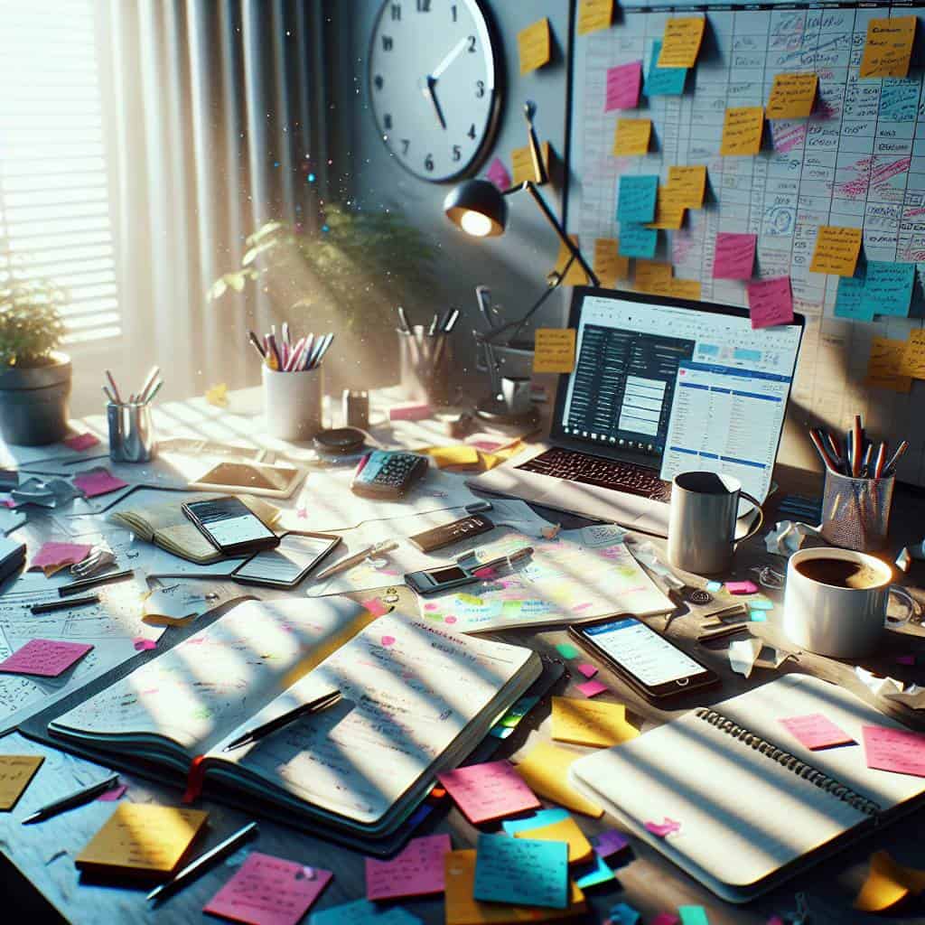 Time management techniques in a cluttered workspace.