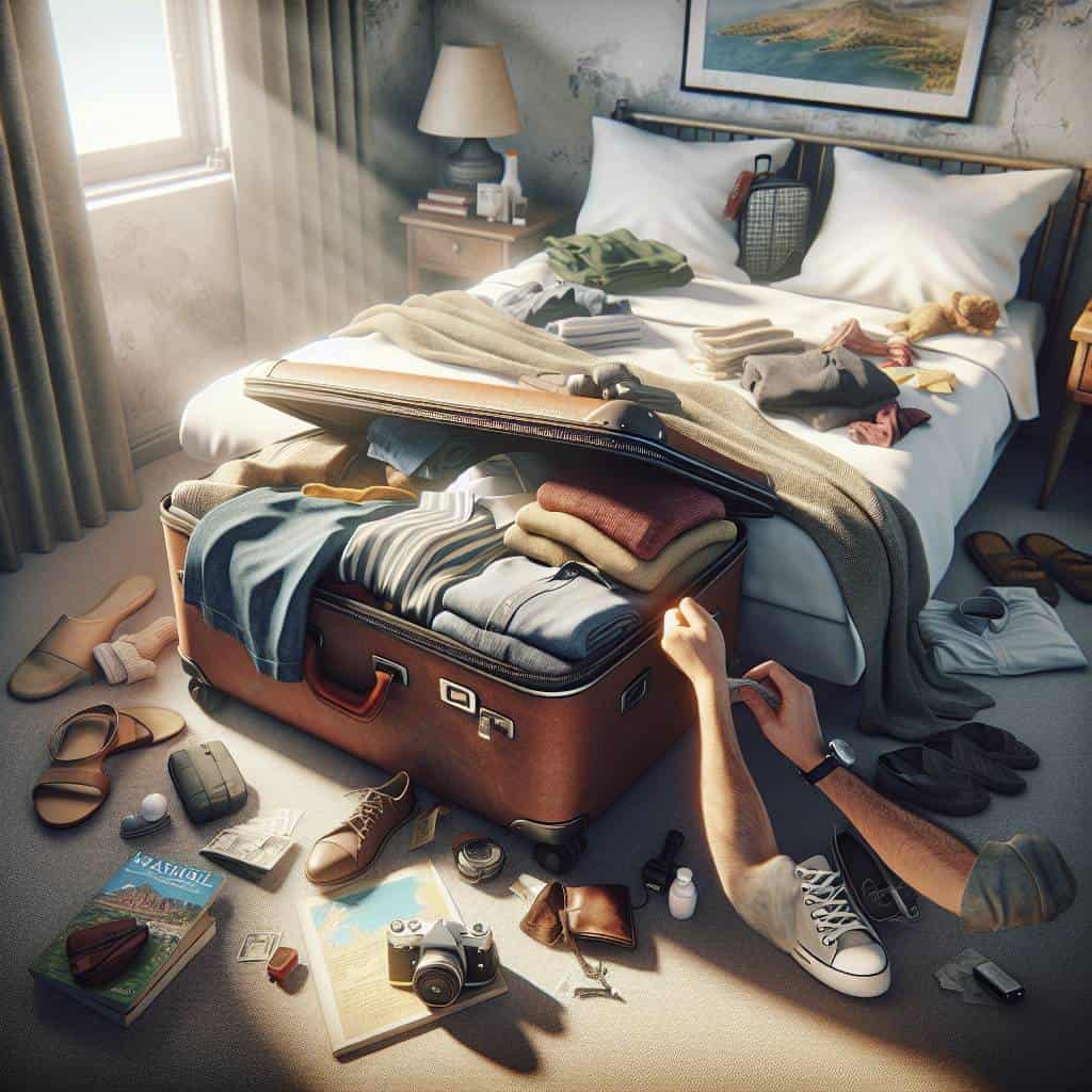 Ultimate travel packing list in suitcase.