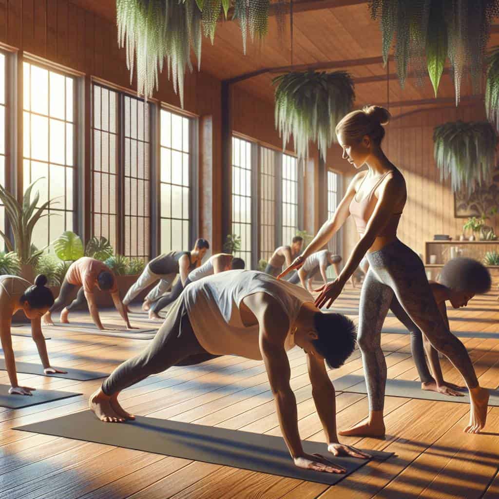 Yoga poses for beginners in serene studio.