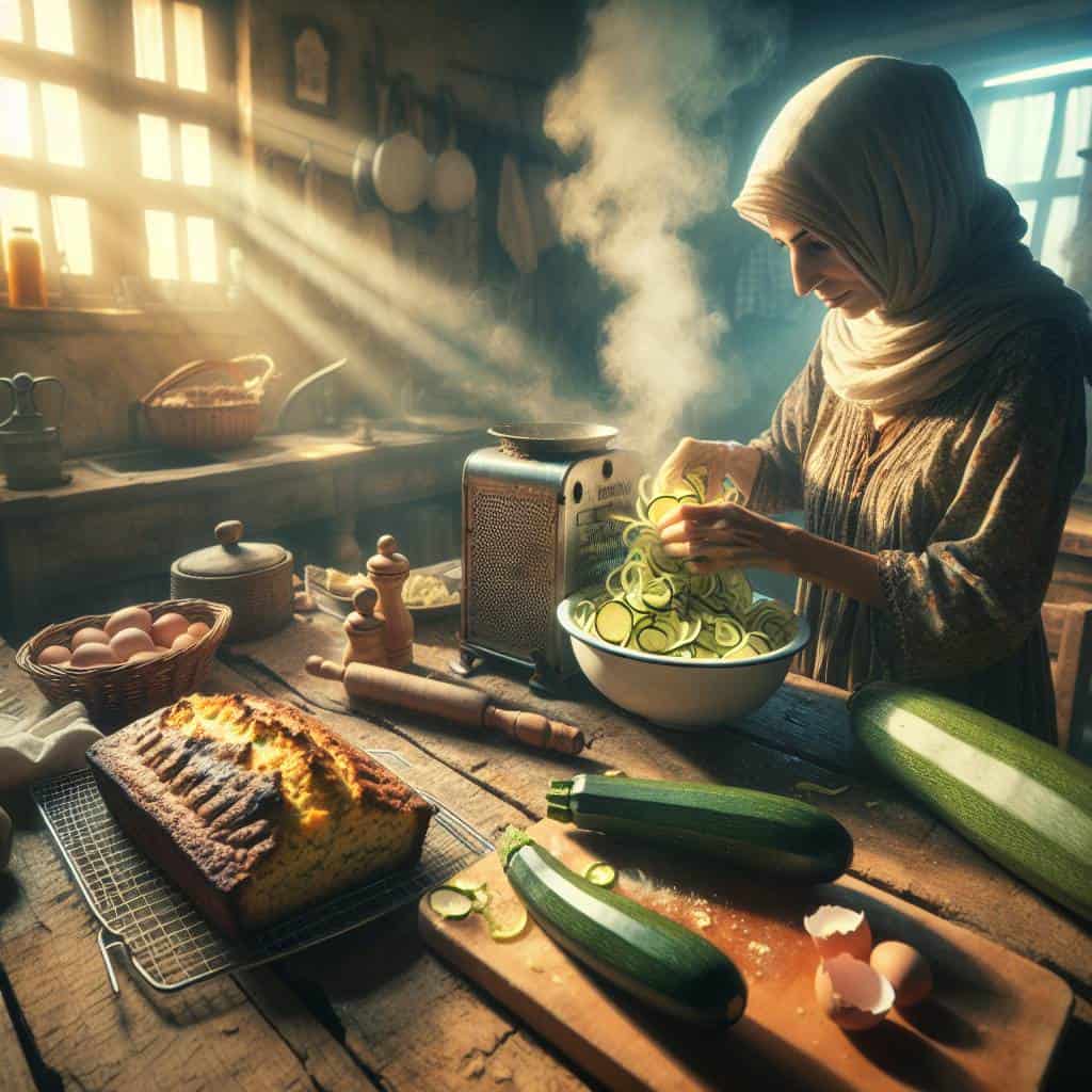 Zucchini bread recipe in rustic kitchen scene.