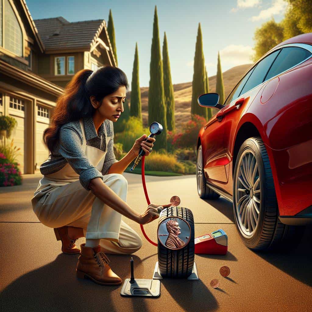 Checking tire pressure with gauge and penny.